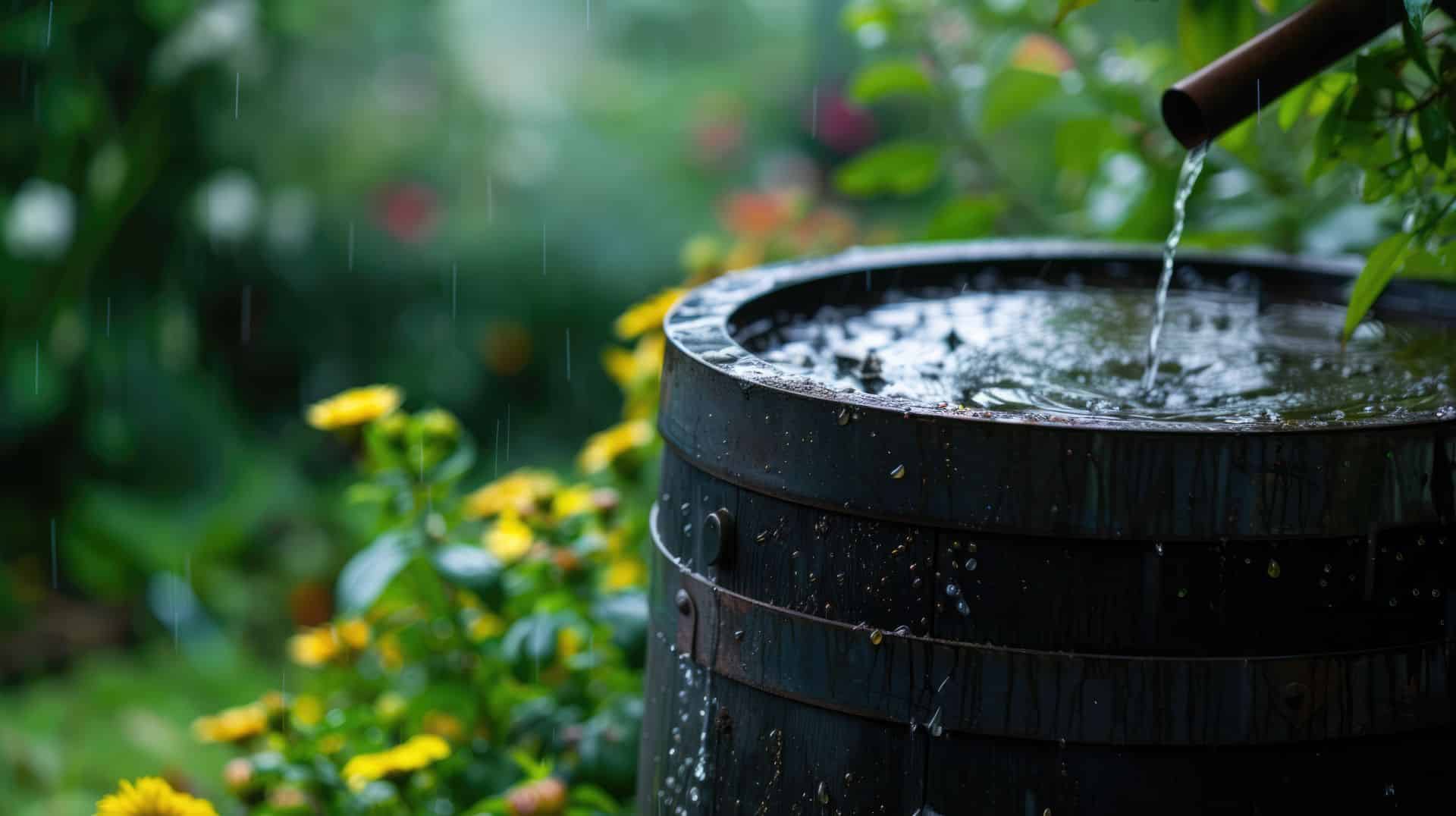 Ein Wasserfass im Garten, das Regenwasser sammelt, mit gelben Blumen im Hintergrund – idealer Outdoor-Bereich mit Pavillon.