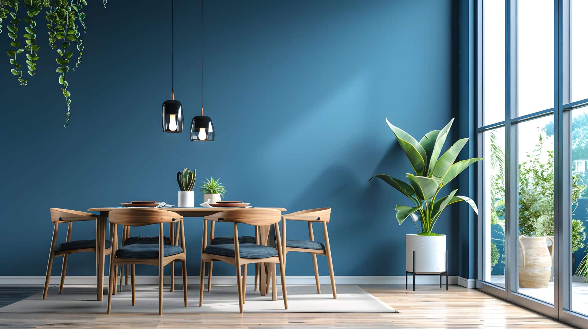 Ein minimalistisches Esszimmer mit eleganten Esszimmerstühlen aus Holz, einem rechteckigen Esstisch aus Massivholz, hängenden schwarzen Lampen und einer blauen Wand, ergänzt durch große Fenster und Pflanzen für eine natürliche Atmosphäre.