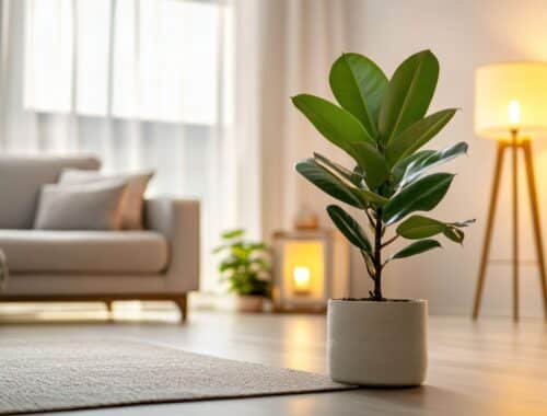 Zimmerpflanze in modernem Übertopf auf hellem Holzboden im minimalistischen Wohnzimmer