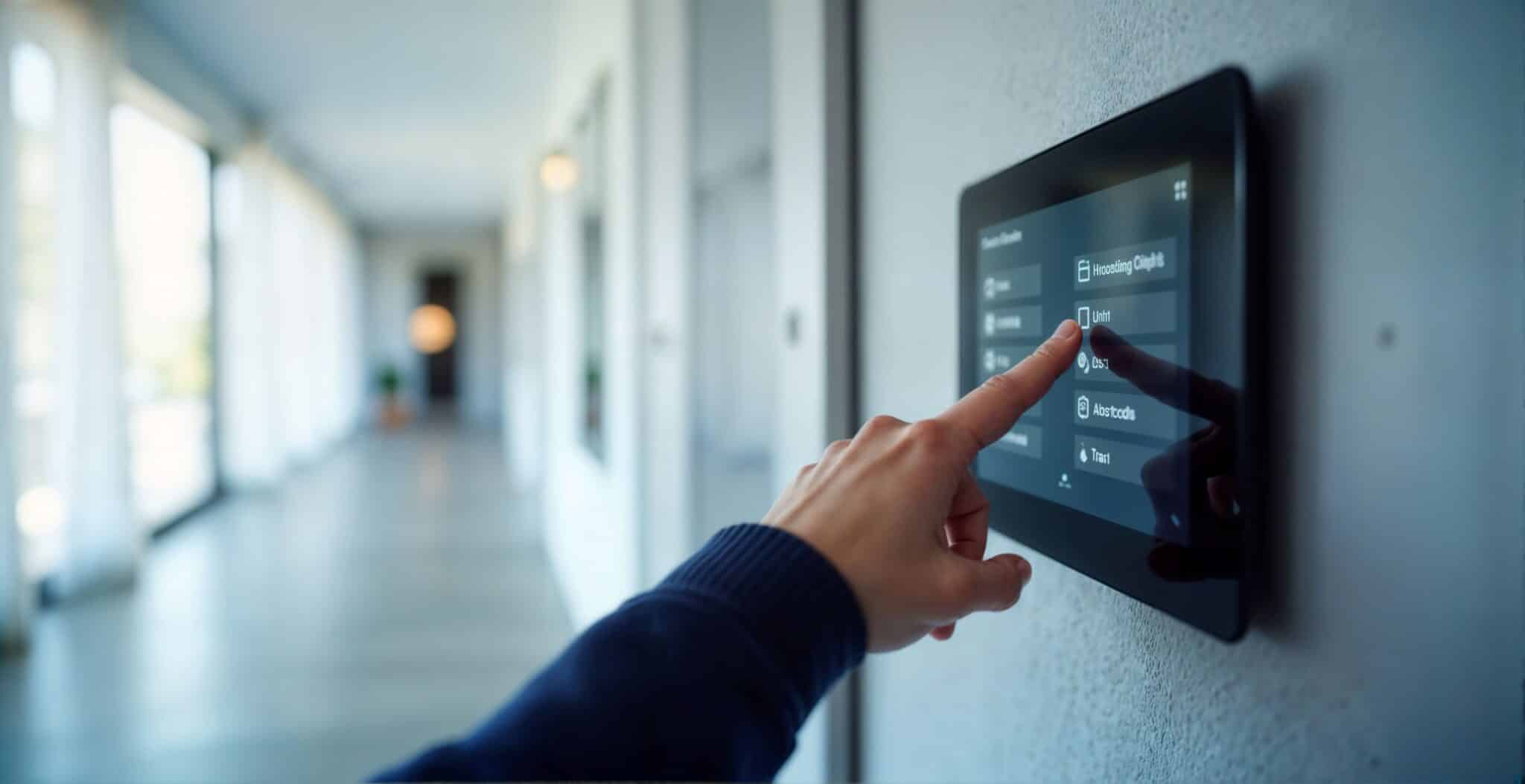 Geschäftsmann, der ein Smart-Home-System benutzt und ein digitales Bildschirmpanel berührt.