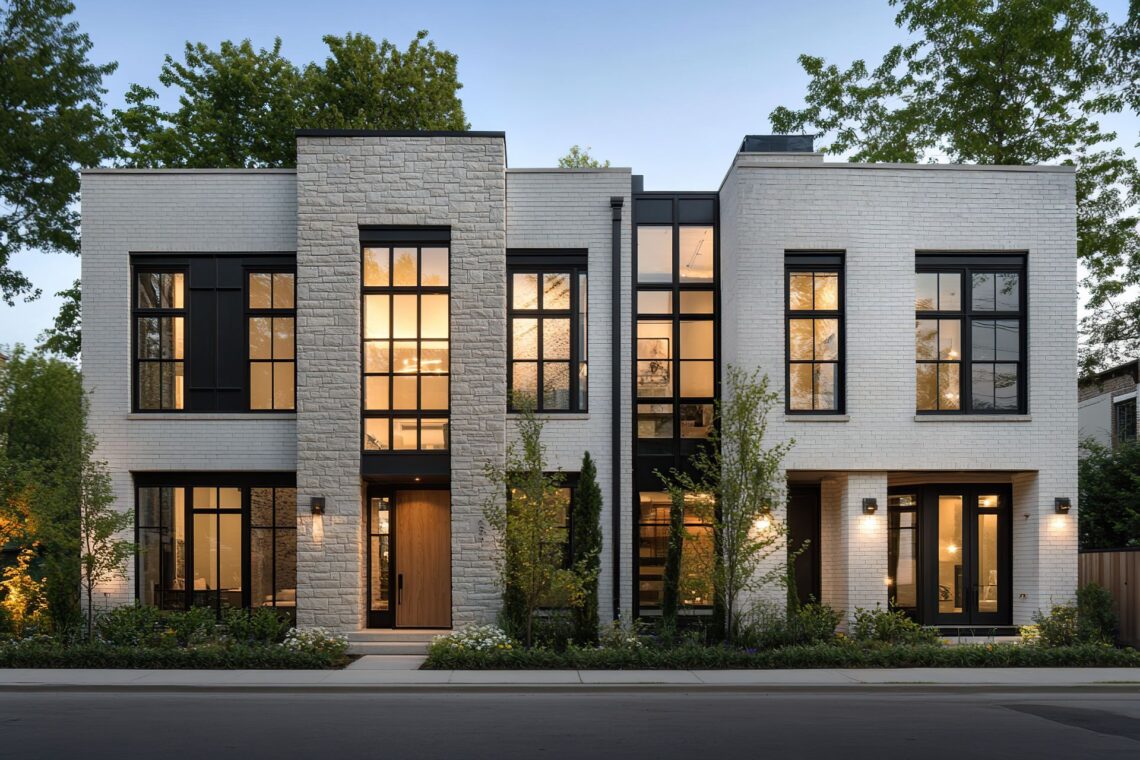 Beleuchteter Hauseingang eines modernen Stadthauses mit klarer Architektur und grossen Fenstern – wirkt aufgeräumt und hochwertig.