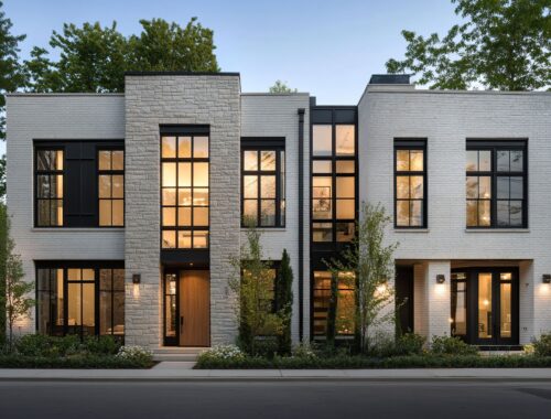 Beleuchteter Hauseingang eines modernen Stadthauses mit klarer Architektur und grossen Fenstern – wirkt aufgeräumt und hochwertig.