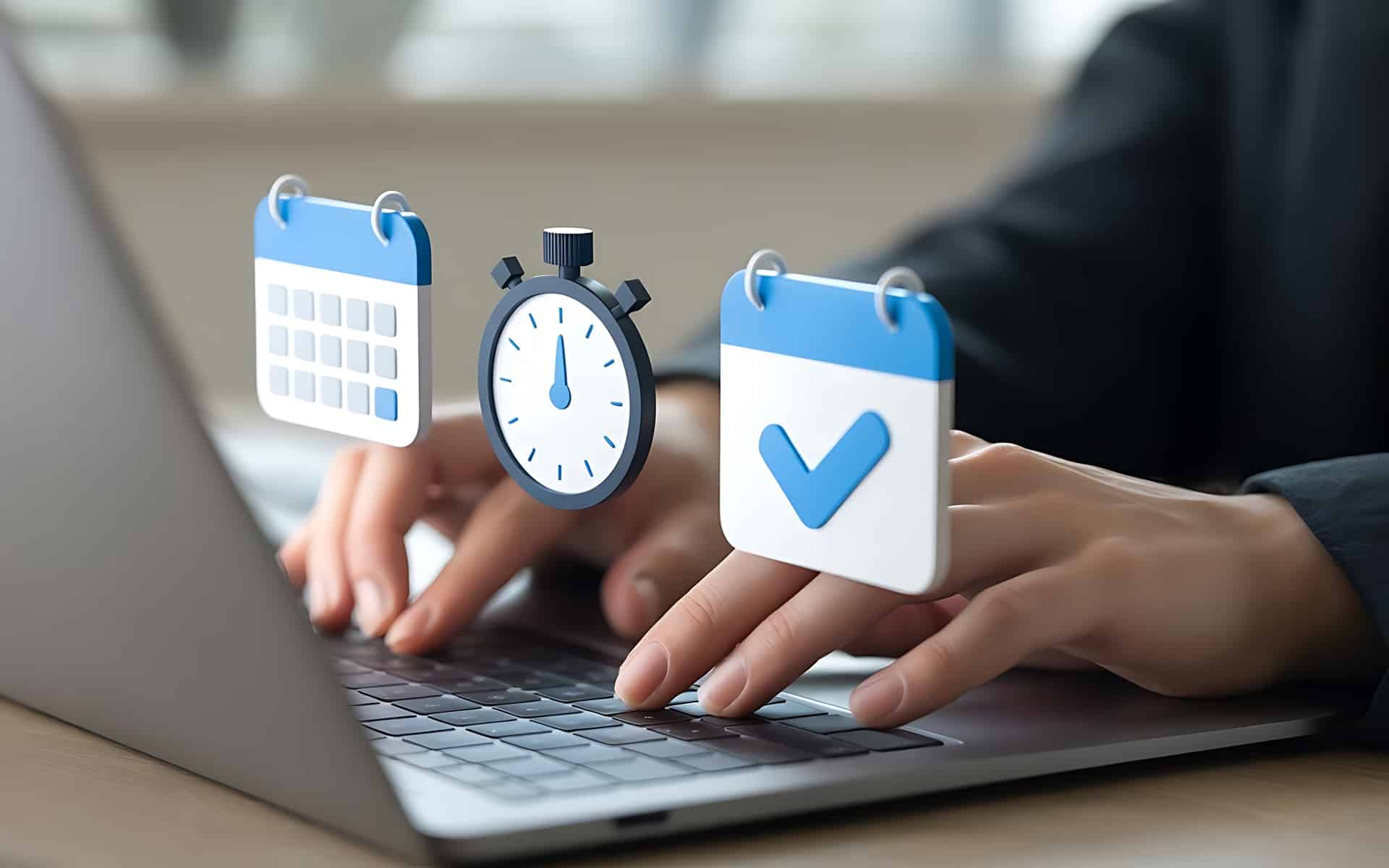 Digitale Symbole für Kalender und Stoppuhr auf Laptop | Arbeitsrecht Tauberbischofsheim