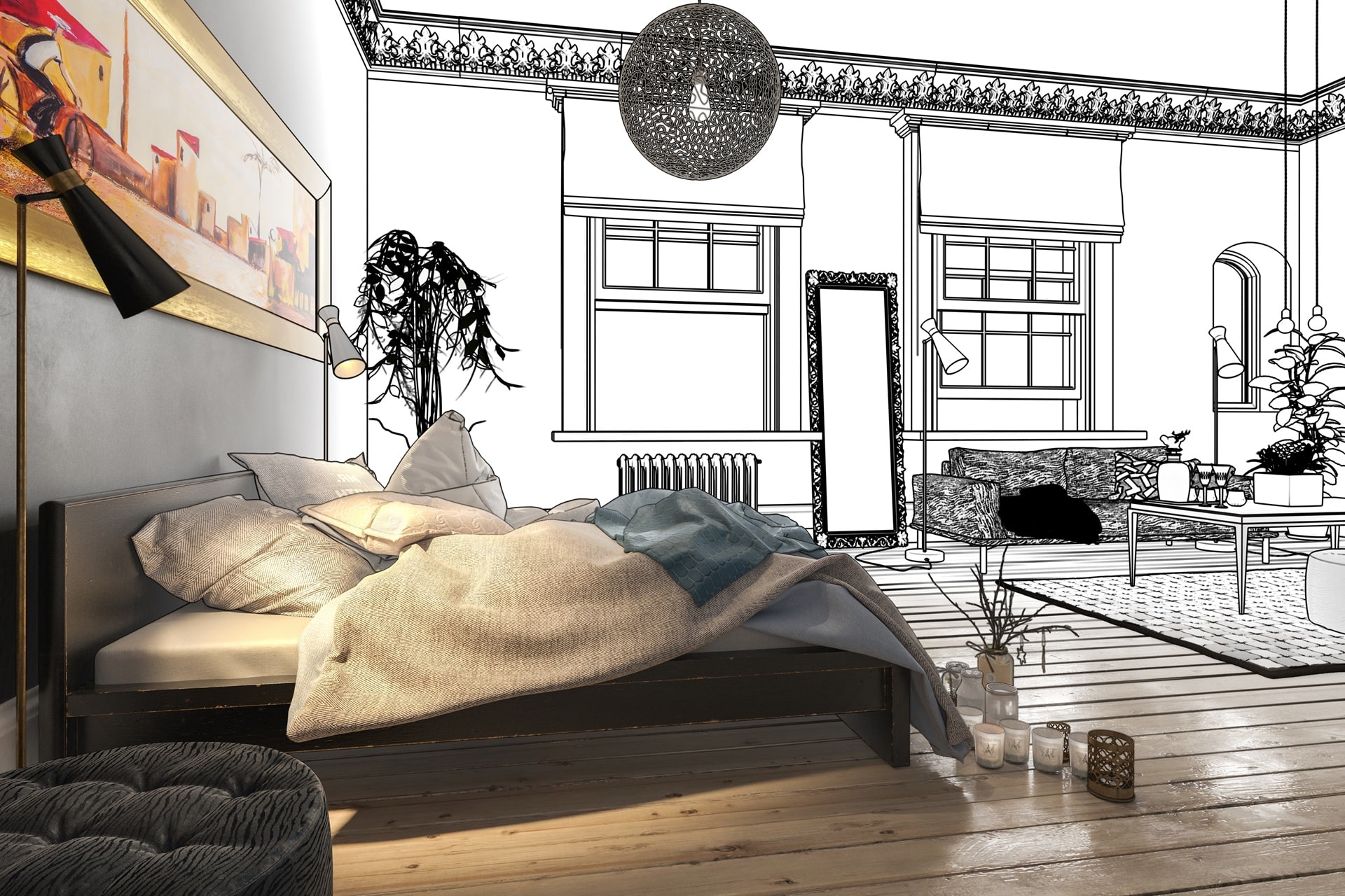 Kombination aus realem Schlafzimmer und Zeichnung | Katana