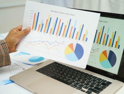 Person analysiert bunte Diagramme mit Finanzdaten | Lohnabrechnung online