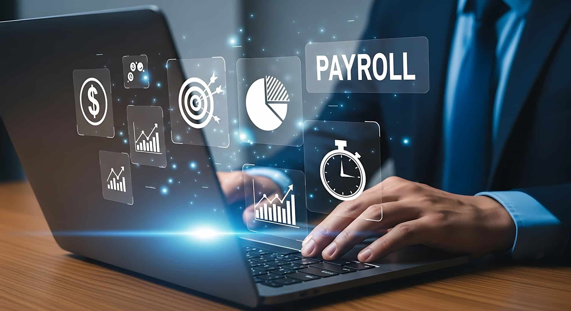 Laptop mit digitalen Payroll-Icons auf dem Bildschirm | Lohnabrechnung online