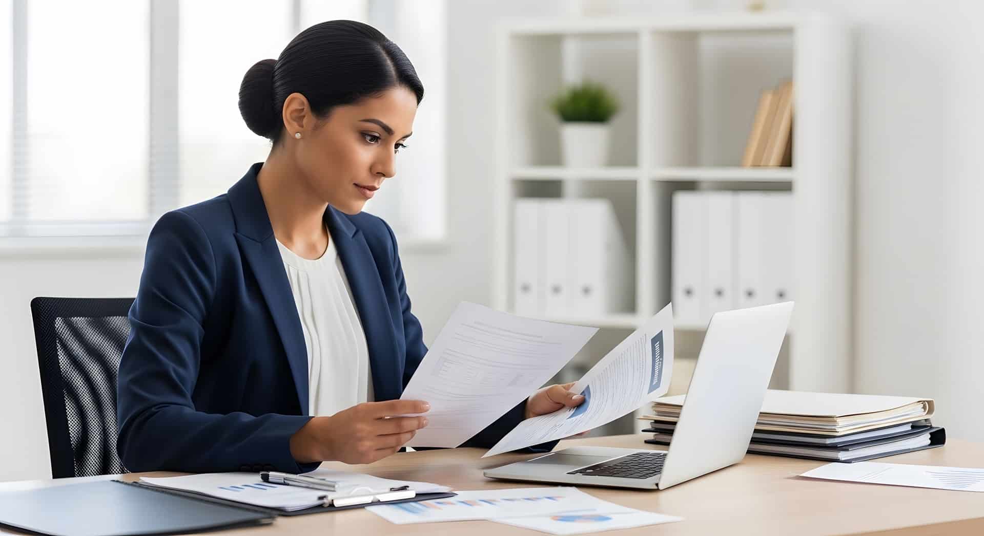 Frau prüft Finanzdokumente am Schreibtisch | Lohnabrechnung online