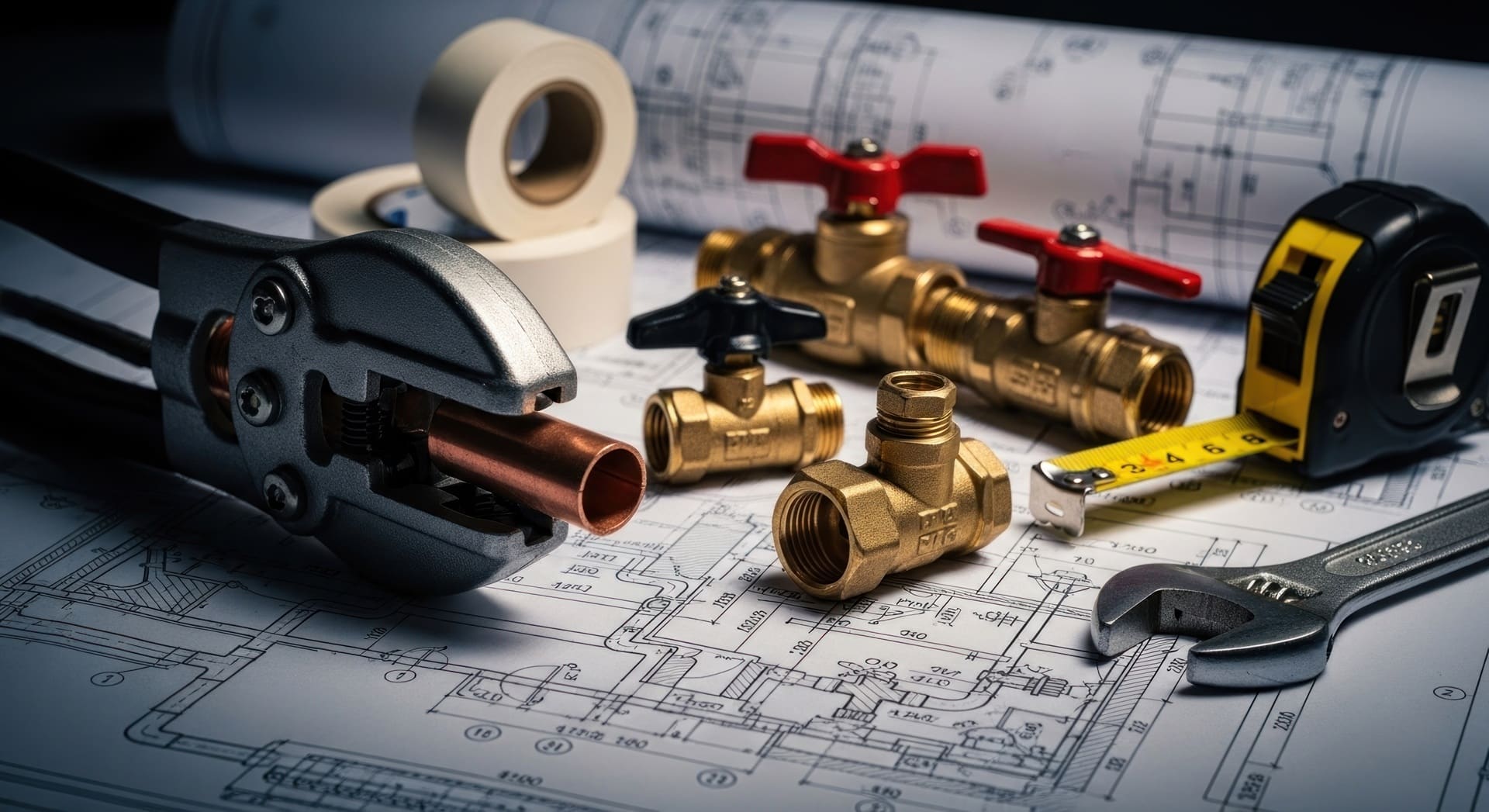 Werkzeug und Armaturen auf technischen Bauplänen | Förderschlauch 1 Zoll