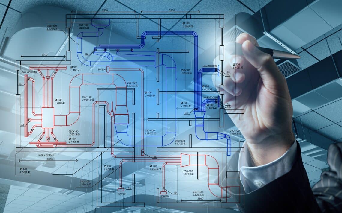 Hand zeichnet Leitungssystem auf technischem Plan | Förderschlauch 1 Zoll