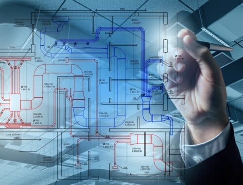 Hand zeichnet Leitungssystem auf technischem Plan | Förderschlauch 1 Zoll