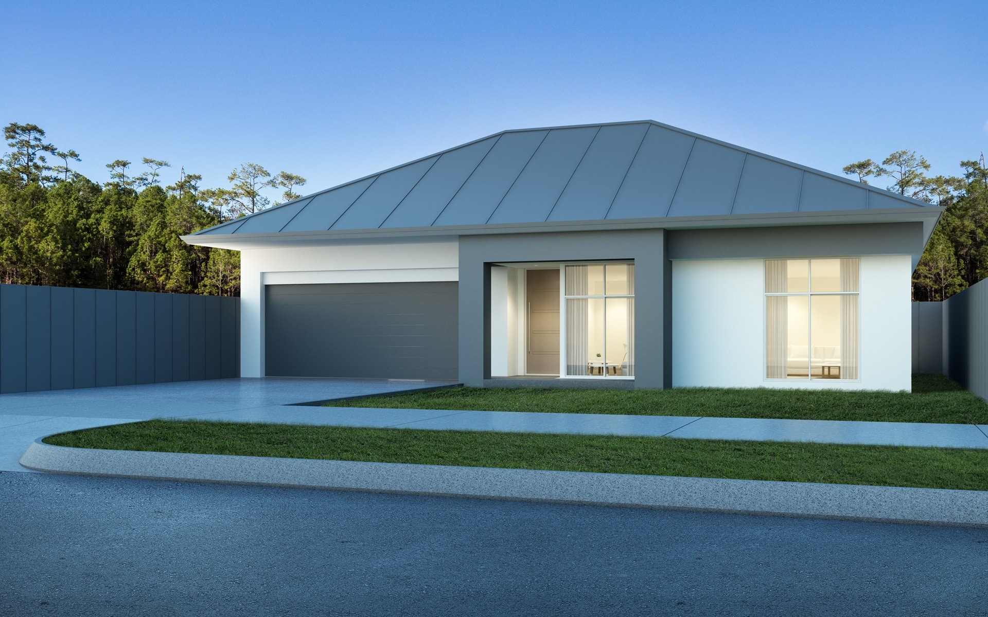 Modernes Einfamilienhaus mit Garage und grauer Dachfläche | Mülltonnenbox